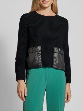 Marc Cain | Wool Blend Black Ribbed Knit Crewneck Sweater Quilted Side Panel XS